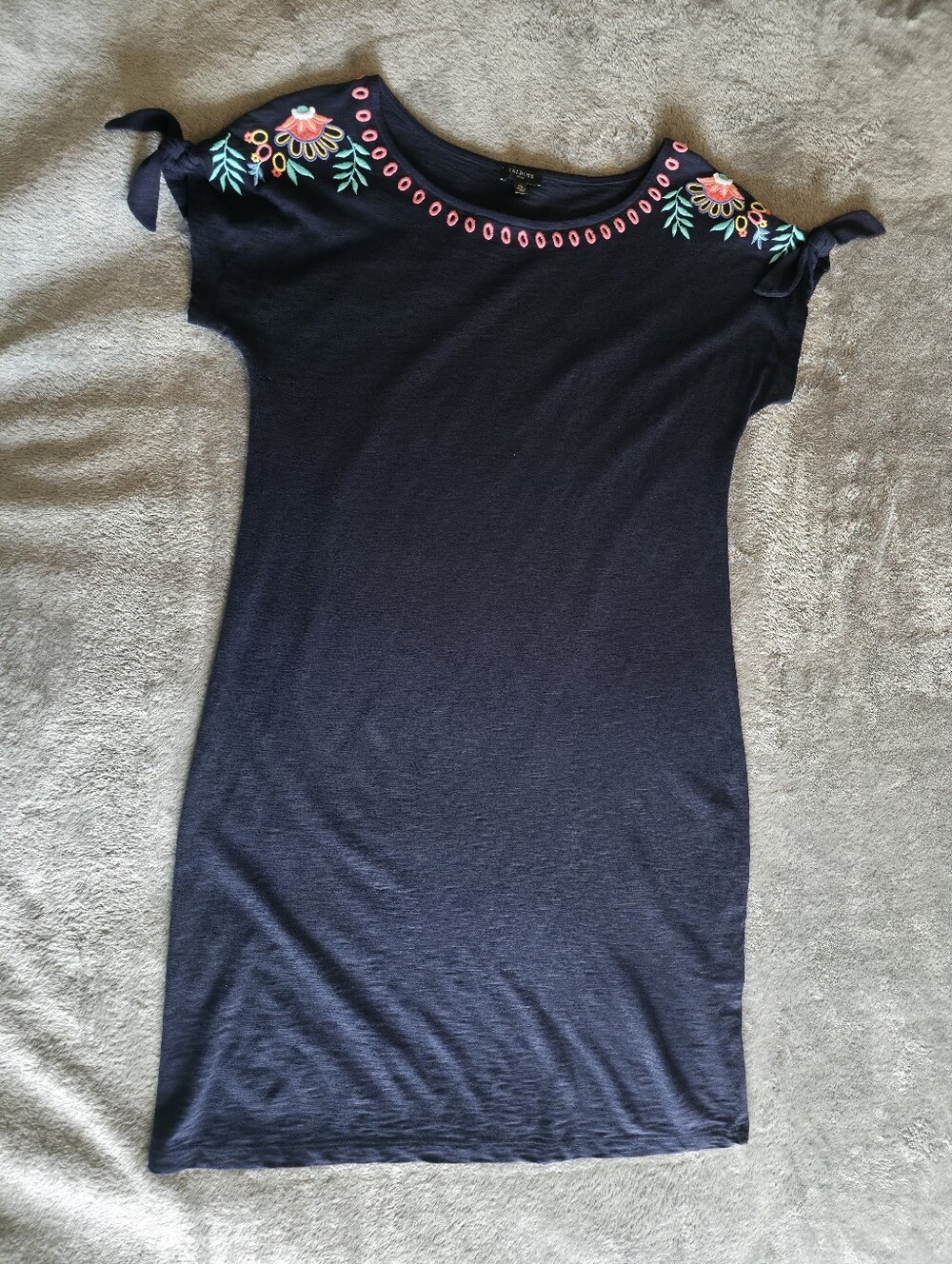 Talbots Navy Embroidered Floral Nantucket Slub Shift Dress Size Medium Petite MP